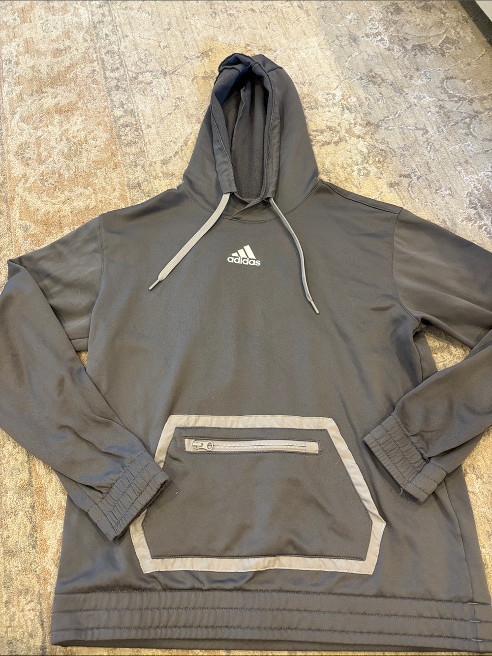 adidas Dark Gray Pullover Hoodie with Front Zipper Pocket